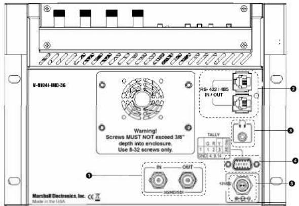 V-81041-HMD-36 Warning! Screws MUST NOT exceed 3/8" depth into enclosure. Use 8-32 screws only. RS- 422 / 405 IN / OUT TALLY 0.8 V 1 2 3 ND 4 3 14 IN OUT 3GND/SDI 1 Marshall Electronics, Inc. CE Made in the USA