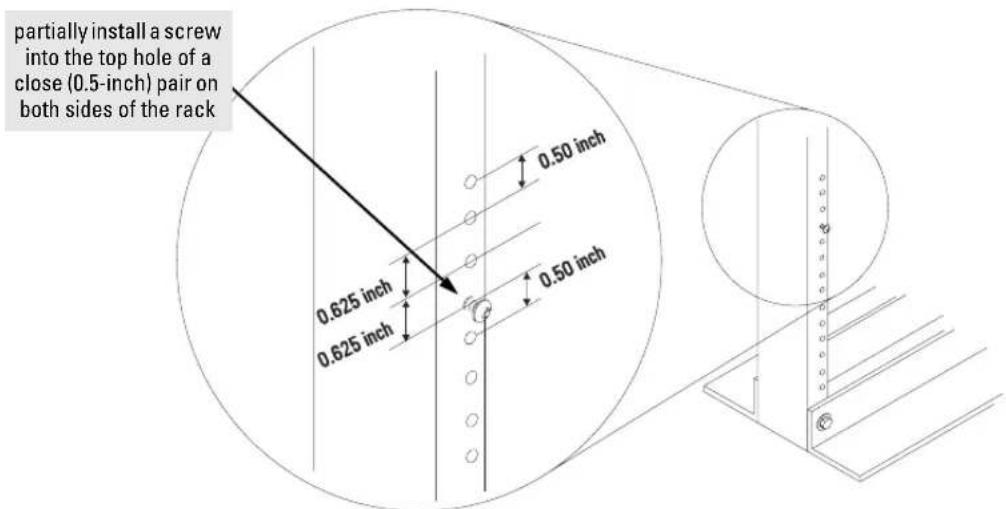 partially install a screw into the top hole of a close (0.5-inch) pair on both sides of the rack 0.625 inch 0.625 inch 0.50 inch 0.50 inch