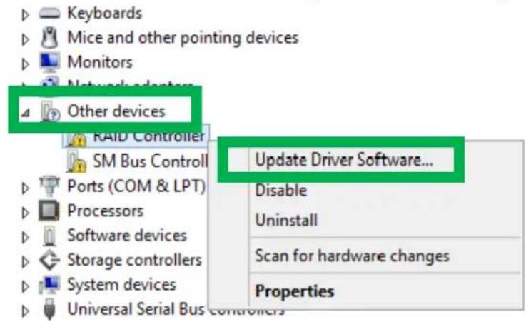 Keyboards Mice and other pointing devices Monitors Network adapters Other devices RAID Controller SM Bus Controll Ports (COM & LPT) Processors Software devices Storage controllers System devices Universal Serial Bus controllers Update Driver Software... Disable Uninstall Scan for hardware changes Properties