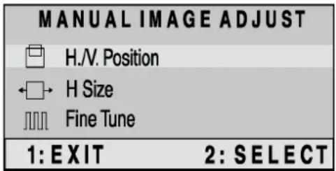MANUAL IMAGE ADJUST H.V. Position H Size Fine Tune 1: EXIT 2: SELECT