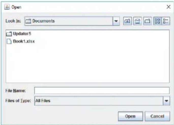 Open Look In: Documents Updater5 Book1.xlsx File Name: Files of Type: All Files Open Cancel