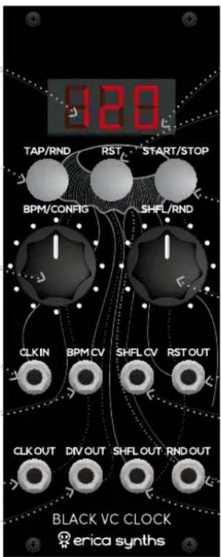 120 TAP/RND RST START/STOP BPM/CONFIG SHFL/RND CLKIN BPM CV SHFL CV RST OUT CLK OUT DIV OUT SHFL OUT RND OUT BLACK VC CLOCK erica synths