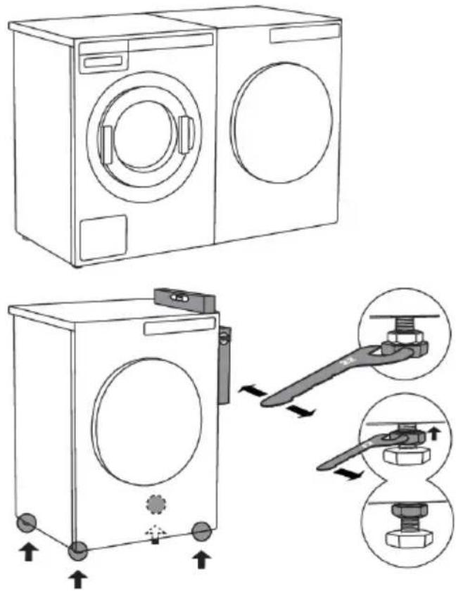 Diagram showing washing machine and washing machine with mechanical components and directional arrows indicating assembly or repair steps.