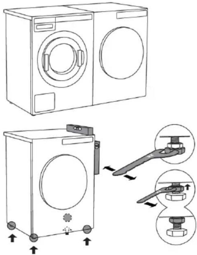 Diagram showing washing machine and washing machine with mechanical components and directional arrows indicating assembly or repair steps.