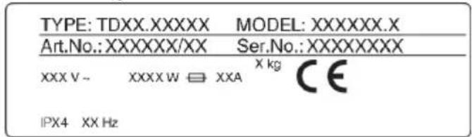 TYPE: TDXX.XXXXX MODEL: XXXXXX.X Art.No.: XXXXXXX/XX Ser.No.: XXXXXXXXX XXX V ~ XXXX W ≡ XXA X kg CE IPX4 XX Hz