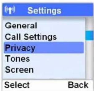 Settings General Call Settings Privacy Tones Screen Select Back