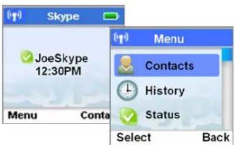 Skype JoeSkype 12:30PM Menu Conta Menu Contacts History Status Select Back