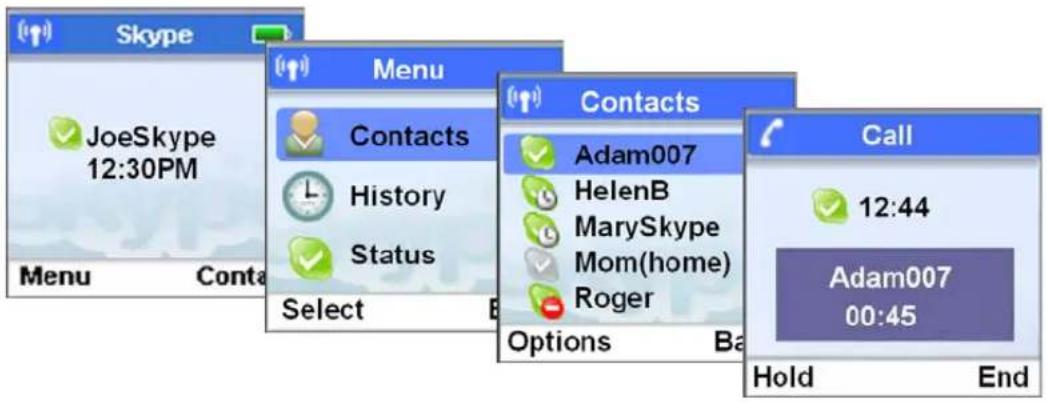 Skype JoeSkype 12:30PM Menu Conta Contacts History Status Select Contacts Adam007 HelenB MarySkype Mom(home) Roger Options Call 12:44 Adam007 00:45 Hold End