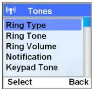 Tones Ring Type Ring Tone Ring Volume Notification Keypad Tone Select Back