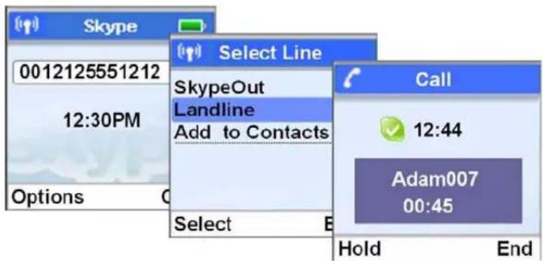 Skype 0012125551212 12:30PM Options Select Line SkypeOut Landline Add to Contacts Call 12:44 Adam007 00:45 Select Hold End