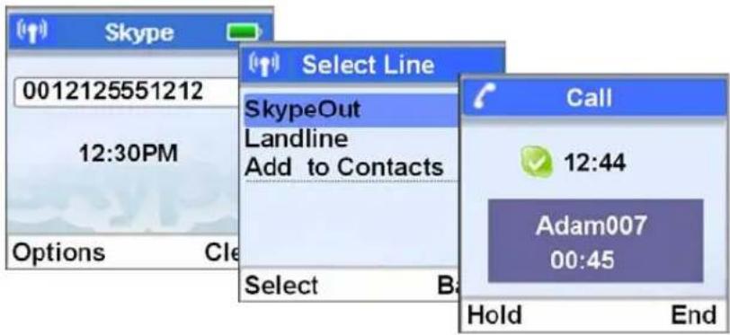 Skype 0012125551212 12:30PM Options Cle Select Line SkypeOut Landline Add to Contacts Call 12:44 Adam007 00:45 Select B: Hold End