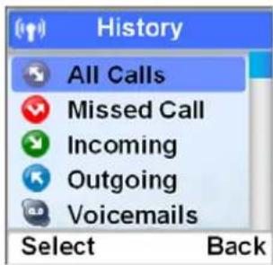 History All Calls Missed Call Incoming Outgoing Voicemails Select Back