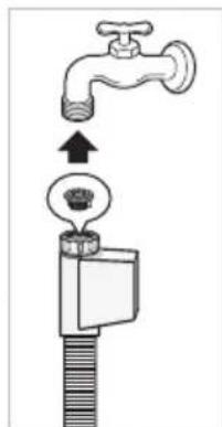 Diagram illustrating a faucet and tap with an upward arrow and a small bowl, likely illustrating a mechanical or plumbing process.