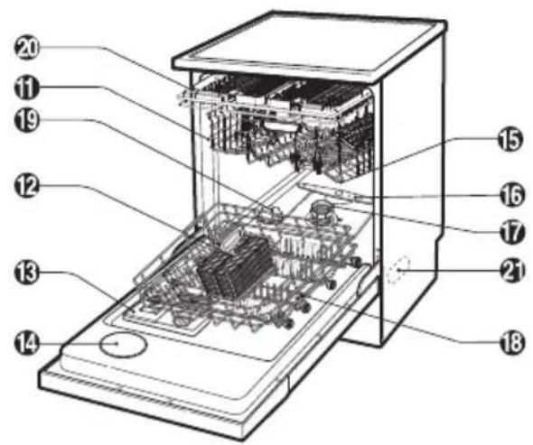 Technical diagram of an open refrigerator with numbered parts for identification