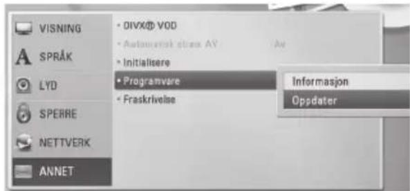 VISNING SPRÅK LYD SPERRE NETTVERK ANNET DIVX® VOD Automerisk strass AV Initialisere Programvare Fraskrivelse Informasjon Oppdater