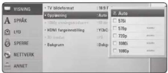 VISNING • TV bildeformat : 16:9 F • Opplesning : Auto • 108do visningstilidua++ : 150 kb • HDMI fargeinnstilling : YCbC • 30r bandus : 175 • Bakgrunn : Bakp ANNET Auto 576i 576p 720p 1080i 1080p