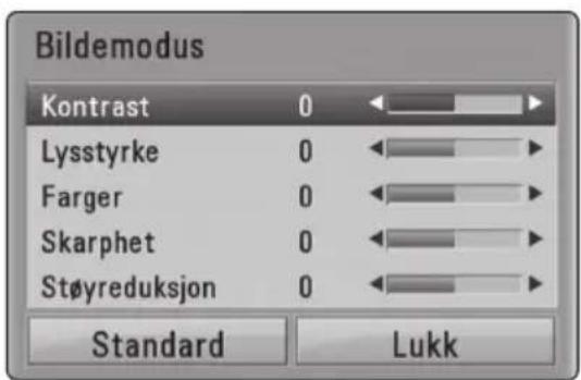 Bildemodus Kontrast 0 Lysstyrke 0 Farger 0 Skarphet 0 Støyreduksjon 0 Standard Lukk