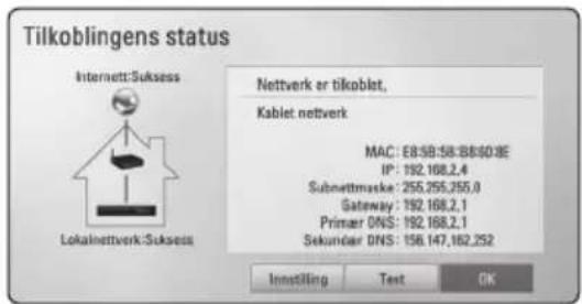 Tilkoblingens status Internett:Suksses Kabinet netwerk MAC: E8.5B:158.8E60.8E IP: 192.168.2.4 Subnetmaske: 255.255.255.0 Gateway: 192.168.2.1 Primer DNS: 192.168.2.1 Sekundar DNS: 156.147.162.252 Innotiling Text OK