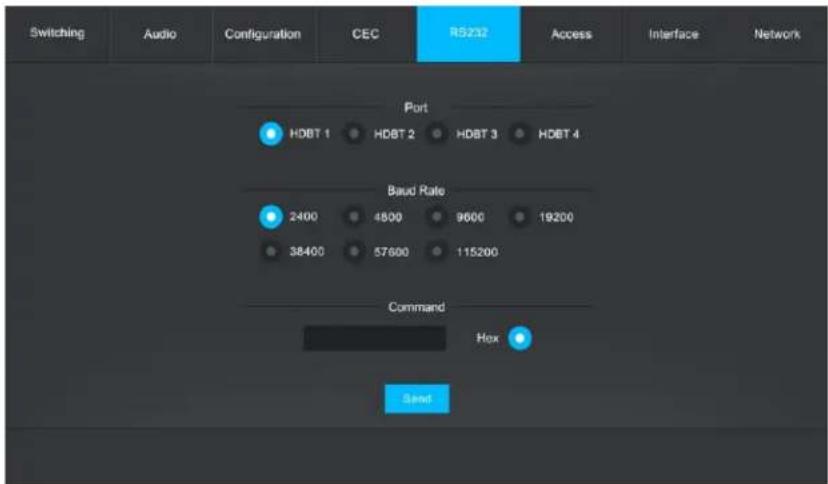 Switching Audio Configuration CEC RS232 Access Interface Network Port HDBT 1 HDBT 2 HDBT 3 HDBT 4 Baud Rate 2400 4800 9600 19200 38400 57600 115200 Command Hex Speed