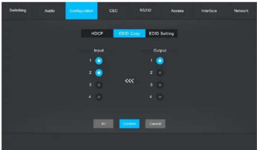 Switching Audio Configuration CEC RS232 Access Interface Network HDCP EDID Copy EDID Setting Input 1 2 3 4 Output 1 2 3 4 All Confins Cancel