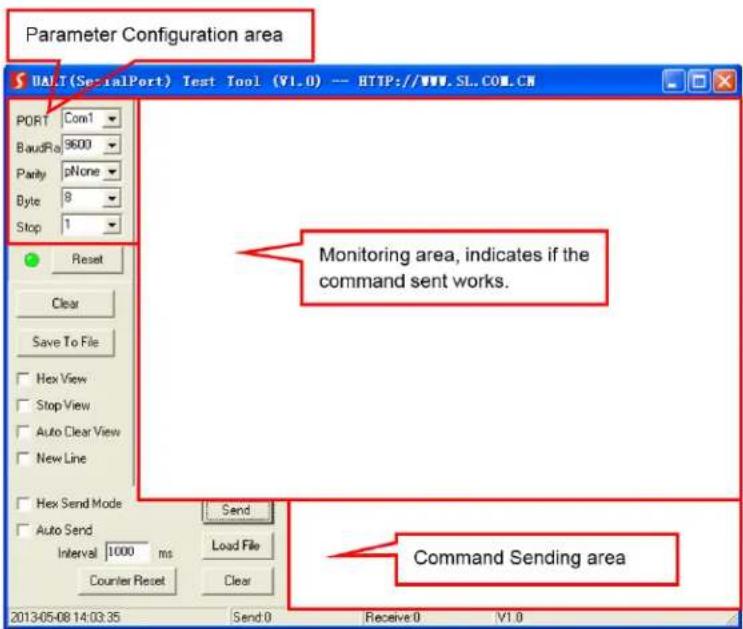 Parameter Configuration area BALT (SerialPort) Test Tool (V1.0) -- HTTP://WWW.SL.COM.CN PORT Com1 BaudRa 9600 Parity pNone Byte 8 Stop 1 Reset Clear Save To File Hex View Stop View Auto Clear View New Line Hex Send Mode Auto Send Interval 1000 ms Counter Reset Send Load File Clear Monitoring area, indicates if the command sent works. Command Sending area 2013-05-08 14:03:35 Send 0 Receive 0 V1.0
