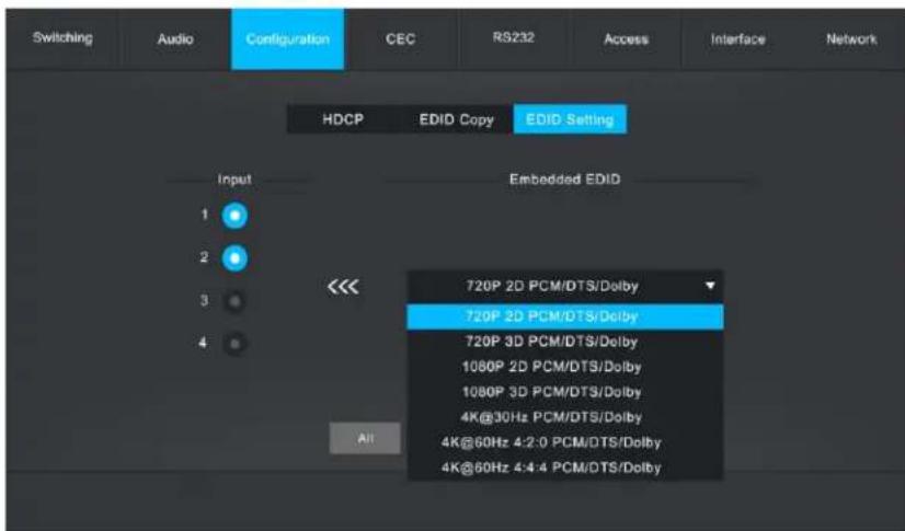 Switching Audio Configuration CEC RS232 Access Interface Network HDCP EDID Copy EDID Setting Input 1 2 3 4 Embedded EDID 720P 2D PCM/DTS/Dolby 720P 2D PCM/DTS/Dolby 720P 3D PCM/DTS/Dolby 1080P 2D PCM/DTS/Dolby 1080P 3D PCM/DTS/Dolby 4K@30Hz PCM/DTS/Dolby 4K@60Hz 4:2:0 PCM/DTS/Dolby 4K@60Hz 4:4:4 PCM/DTS/Dolby All