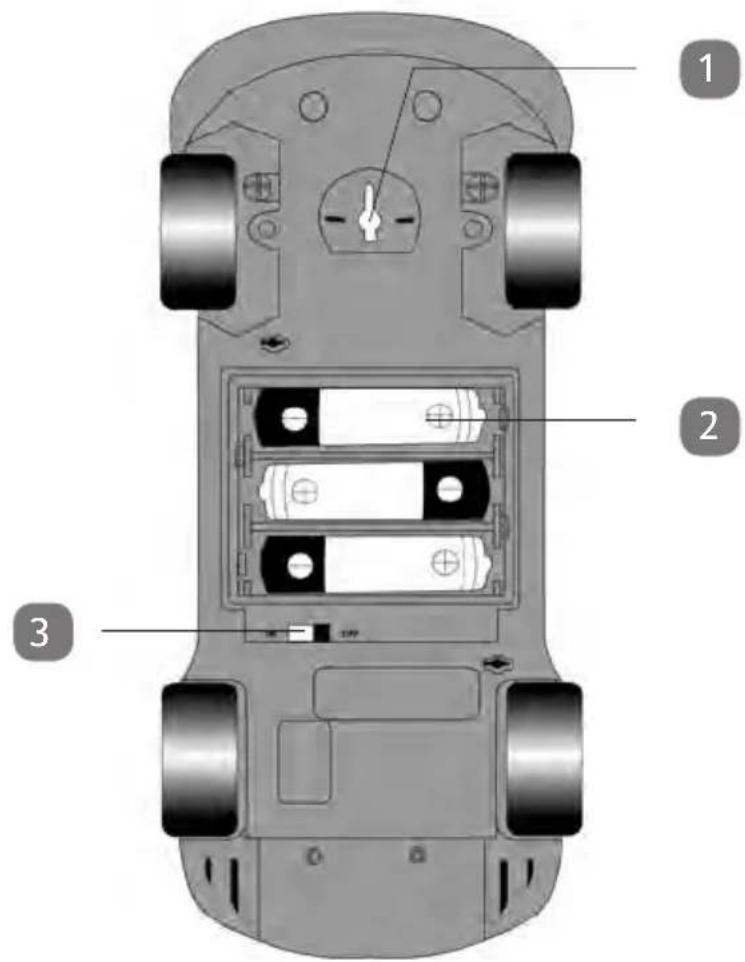Technical diagram of a car's rear view with labeled components including battery pack, wheels, and camera