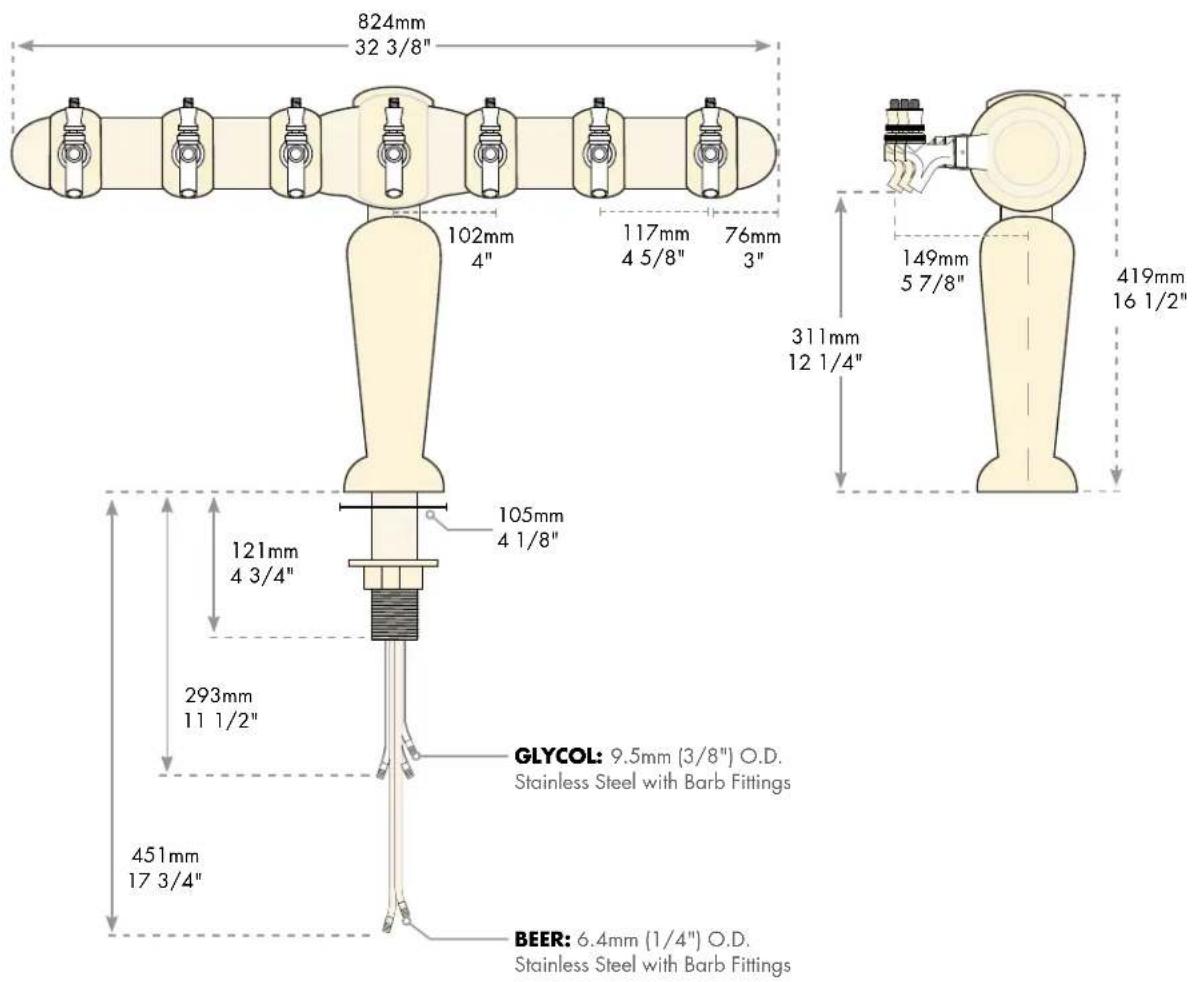 824mm 32 3/8" 102mm 4" 117mm 4 5/8" 76mm 3" 311mm 12 1/4" 149mm 5 7/8" 419mm 16 1/2" 121mm 4 3/4" 293mm 11 1/2" GLYCOL: 9.5mm (3/8") O.D. Stainless Steel with Barb Fittings 451mm 17 3/4" BEER: 6.4mm (1/4") O.D. Stainless Steel with Barb Fittings