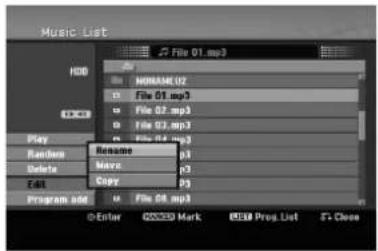 Music List File 01.mp3 HDD NORMA U2 File 01.mp3 File 02.mp3 File 03.mp3 Play Rename P3 Random Move P3 Delete Copy P3 Edit Program add File 01.mp3 D-Enter G00000 Mark BSSM Prog. List S+ Close