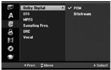 Dolby Digital DTS MPEG Sampling Freq. DRC Vocal PCM Bitstream Prev. Move Select