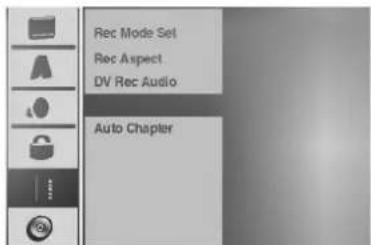 Rec Mode Set Rec Aspect DV Rec Audio Auto Chapter