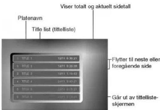 Platenavn Title list (titelliste) Viser totalt og aktuelt sidetall 1 TITLE 1 12/11 0:30:21 2 TITLE 2 14/11 0:33:18 3 TITLE 3 16/11 1:19:03 4 TITLE 4 20/11 0:47:21 5 TITLE 5 25/11 0:78:21 6 TITLE 6 29/11 1:79:25 Flytter til neste eller foregående side Går ut av tittelliste-skjermen