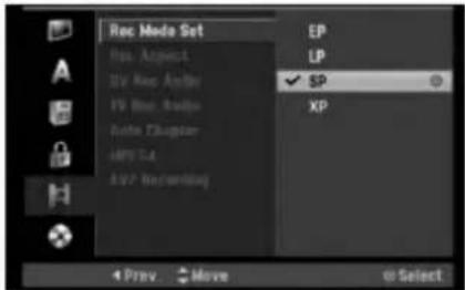 Rec Mode Set Rec Aspect 2x Rec Annot 1x Rec Anplus Auto Displier APC 14 APC Recording EP LP ✓ SP XP 4 Prev. Move @ Select