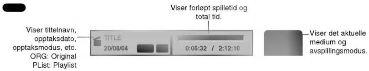 Viser forløpt spilletid og total tid. Viser tittelnavn, opptaksdato, opptaksmodus, etc. ORG: Original PList: Playlist TITLE 20/08/04 0:06:32 / 2:12:10 Viser det aktuelle medium og avspillingsmodus.