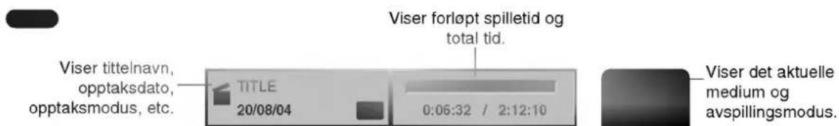 Viser forløpt spilletid og total tid. Viser tittelnavn, opptaksdato, opptaksmodus, etc. TITLE 20/08/04 0:06:32 / 2:12:10 Viser det aktuelle medium og avspillingsmodus.