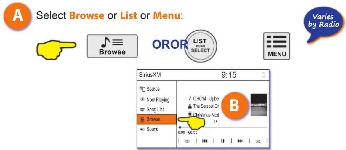 A Select Browse or List or Menu: OROR LIST PUSH SELECT Varies by Radio MENU SiriusXM 9:15 Source Now Playing Song List Browse Sound CH014 Upbe The Salsoul Or Christmas Med 15 0:00 - 60:00