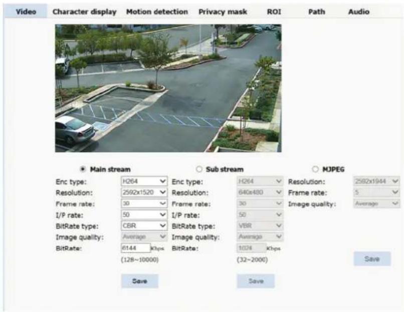 Video Character display Motion detection Privacy mask ROI Path Audio Main stream Sub stream MJPEG Enc type: H264 Enc type: H264 Resolution: 2592x1944 Resolution: 2592x1520 Resolution: 640x480 Frame rate: 5 Frame rate: 30 Frame rate: 30 Image quality: Average I/P rate: 50 I/P rate: 50 BitRate type: CBR BitRate type: VBR Image quality: Average Image quality: Average BitRate: 6144 Kbps BitRate: 1024 Kbps (128~10000) (32~2000) Save Save