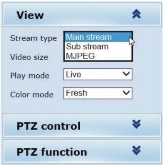 View Stream type Main stream Sub stream Video size MJPEG Play mode Live Color mode Fresh PTZ control PTZ function