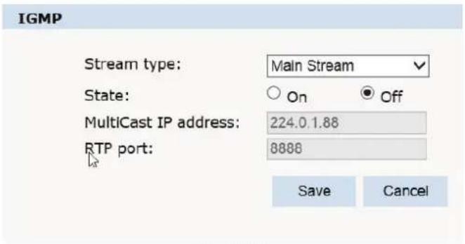 IGMP Stream type: Main Stream State: On Off MultiCast IP address: 224.0.1.88 RTP port: 8888 Save Cancel