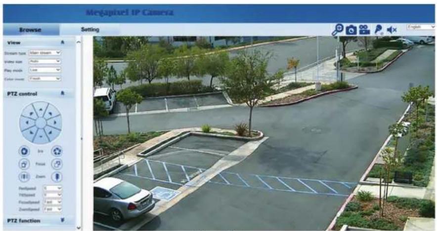 Megapixel IP Camera Browse Setting View Stream type: Main stream Video size: 500 Play mode: 1 sec Color mode: 7 mm PTZ control 1m Preset Zoom Forward speed: 0 Up/ward: 0 Forward speed: 1 rad Zoom/ward: 1 rad PTZ function English