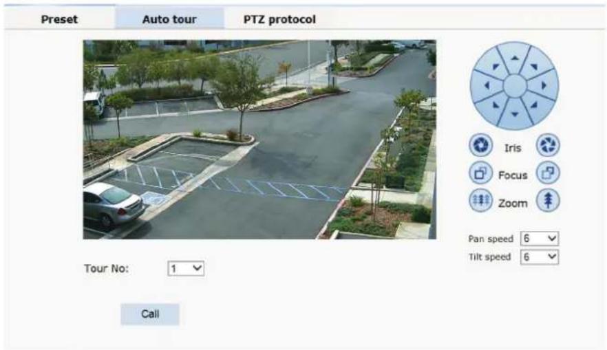 Preset Auto tour PTZ protocol Iris Focus Zoom Pan speed 6 Tilt speed 6 Tour No: 1 Call