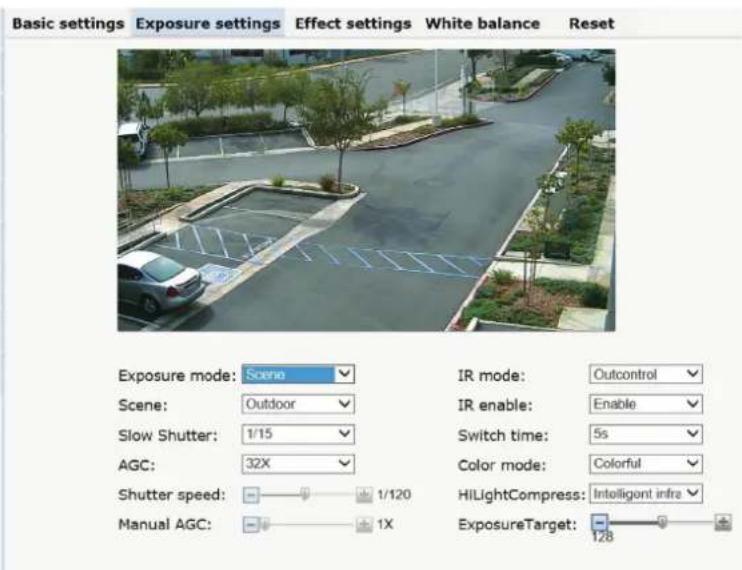 Basic settings Exposure settings Effect settings White balance Reset Exposure mode: Scene IR mode: Outcontrol Scene: Outdoor IR enable: Enable Slow Shutter: 1/15 Switch time: 5s AGC: 32X Color mode: Colorful Shutter speed: 1/120 HiLightCompress: Intelligent infra Manual AGC: 1X ExposureTarget: 128