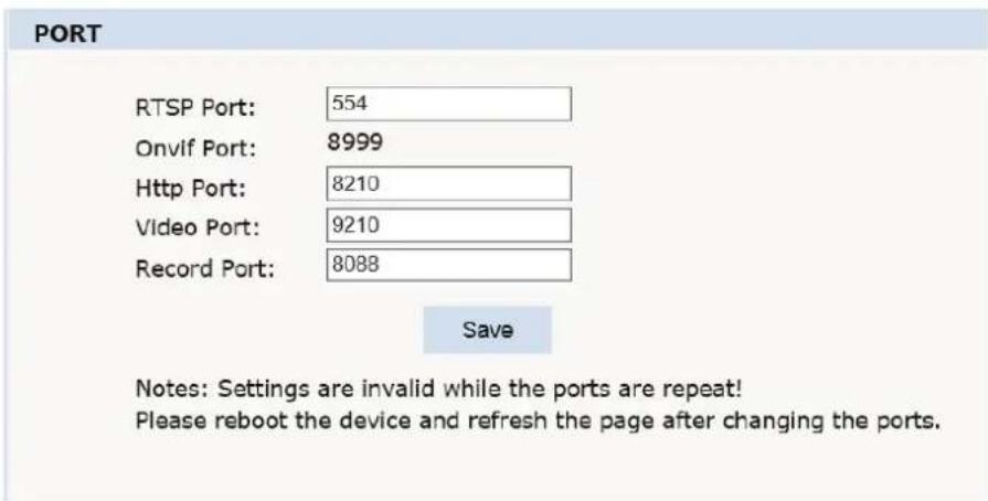 PORT RTSP Port: 554 Onvif Port: 8999 Http Port: 8210 Video Port: 9210 Record Port: 8088 Save Notes: Settings are invalid while the ports are repeat! Please reboot the device and refresh the page after changing the ports.