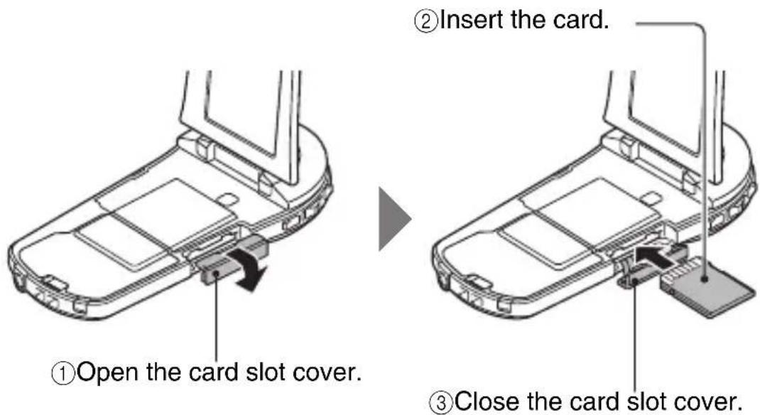 ①Open the card slot cover. ②Insert the card. ③Close the card slot cover.