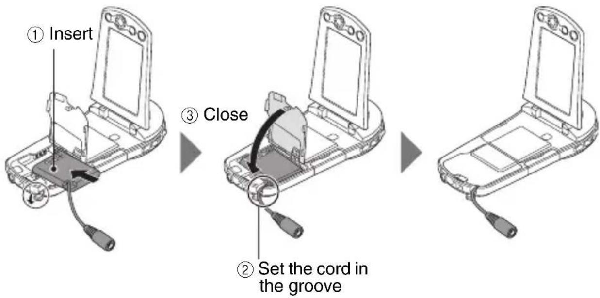 ① Insert ③ Close ② Set the cord in the groove