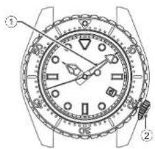 Technical diagram of a wristwatch with labeled parts, showing front and side views with numbered annotations.