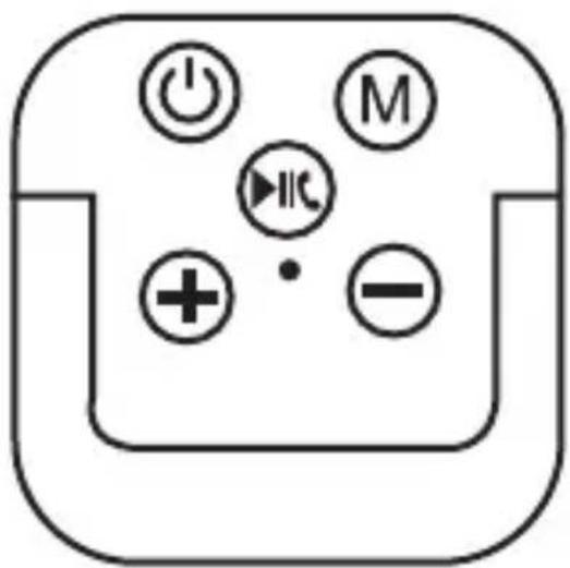 Diagram of a remote control panel with power, battery, and indicator lights labeled with symbols like +, -, M, and IIC.