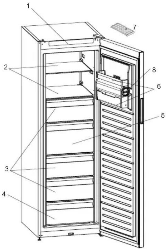 Technical diagram of an open refrigerator with numbered parts for identification