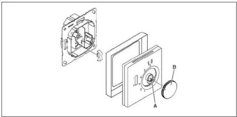 Technical diagram of a mechanical assembly with labeled parts A and B, showing exploded and assembled views.