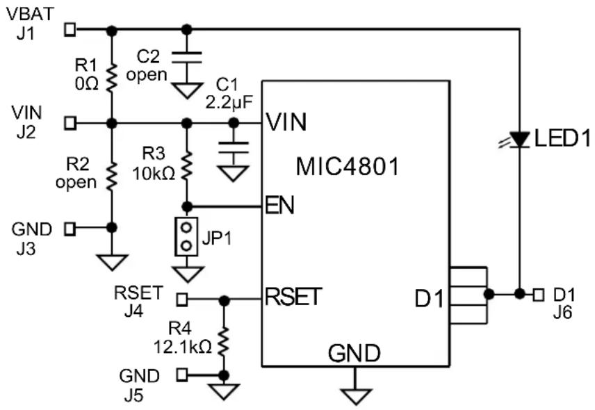 VBAT J1 R1 0Ω C2 open C1 2.2μF VIN J2 R2 open R3 10kΩ VIN MIC4801 EN GND J3 JP1 RSET J4 R4 12.1kΩ GND J5 D1 LED1 D1 J6 RSET GND